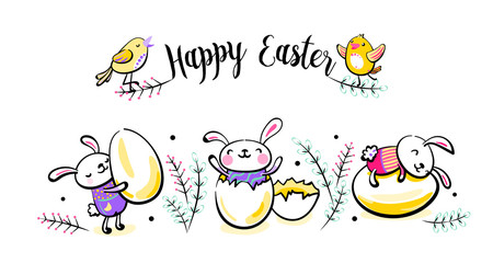 Happy Easter greeting card, poster with cute smiling surprise rabbit scene, bunny, broken egg and chick characters. Vector illustration in hand drawing sketch outline style