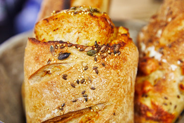 Bread texture with seeds , close up view