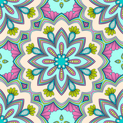 Decorative colorful ethnic seamless pattern for fabric or wrapping in oriental style. Hand drawn illustration