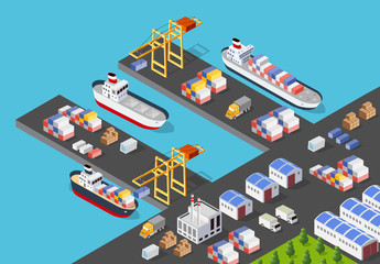 Isometric port cargo ship - obrazy, fototapety, plakaty
