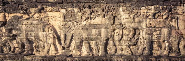 Bas-relief at Terrace of the Elephants . Siem Reap. Cambodia. Panorama