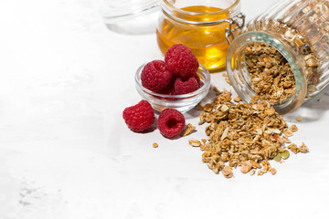 sweet granola in a jar, fresh raspberries and honey