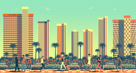 Summer cityscape with people in the foreground, Park, classic villa and modern skyscrapers in the background