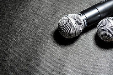 Kiev, Ukraine. January 10, 2019. The microphone for singing on black background lies. Karaoke....
