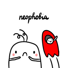 Neophobia hand drawn illustration with cute marshmallow looking at rocket
