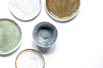 ceramic tableware top view on white background mock up