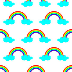 Cute vector illustration with rainbow and blue clouds. Seamless pattern design for children