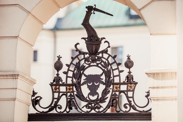Entrance gate closeup. Church of St Michael the Archangel and St Stanislaus Bishop and Martyr and Pauline Fathers Monastery (Skalka) in Krakow, Poland