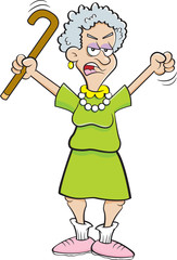Cartoon illustration of an angry senior citizen shaking a cane.