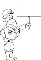Black and white illustration of a military general holding a sign.