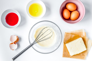 cooking pancake on white background top view ingredients for making
