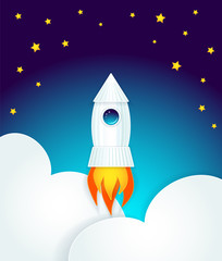 Rocket flight into space with clouds and stars and with effect of cut out  paper. Concept of startup project or Creative Post Card for celebrated Cosmonautics Day  in cartoon style