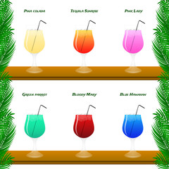 Colorful cocktail vector set with straws.