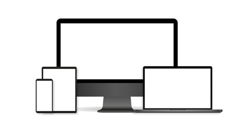 Set of device mockup realistic Computer, Laptop, Tablet and Mobile Phone