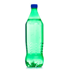 Green bottle drink sparkling water on white background isolation