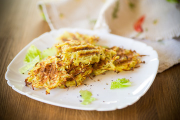 grilled potato pancakes in a plate, on a wooden table