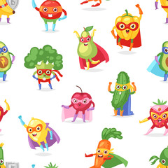 Obraz premium Superhero fruits vector fruity cartoon character of super hero expression vegetables with funny banana carrot or pepper in mask illustration fruitful vegetarian set background