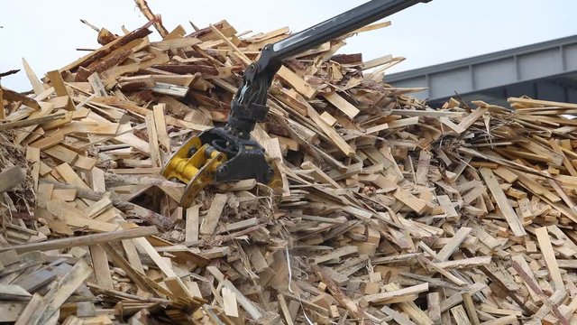 Woodchipper with a manipulator. The production of wood chips. Wood chipper machine. Outdoors