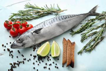 Raw mackerel fish and spices on light table