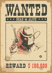 Wanted poster.Vector western illustration with bandit man in mask - 250458539