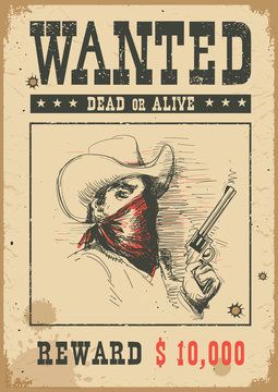 Wanted poster.Vector western illustration with bandit man in mask