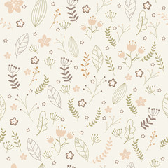 Vector floral pattern in doodle style with flowers and leaves.