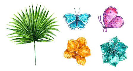 Hand drawn watercolor illustration set. Blue and yellow tropical flowers, blue and purple butterfly and green palm leaf, tropical and home plant, isolated on white