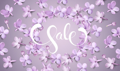 Spring Sale promotion background with purple lilac flower petals and lettering vector wide illustration. For advertising cards, flyer, banner, poster, coupon or brochure paper