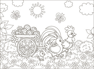 Small wooden cart with painted Easter eggs pulled by a rooster with a hen and their little chick, black and white vector illustration in a cartoon style for a coloring book