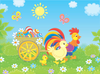 Fototapeta na wymiar Small wooden cart with painted Easter eggs pulled by a colorful rooster with a hen and their little chick, vector illustration in a cartoon style