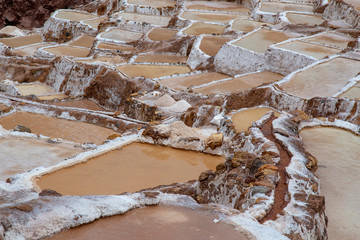 SALINAS, PERU - January 21, 2019: Tourists visit salt extraction pans (Salinas) in Sacred Valley of Incas