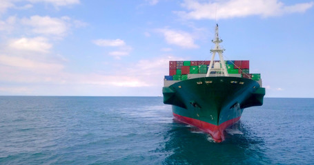 Aerial image of a large container ship at sea.