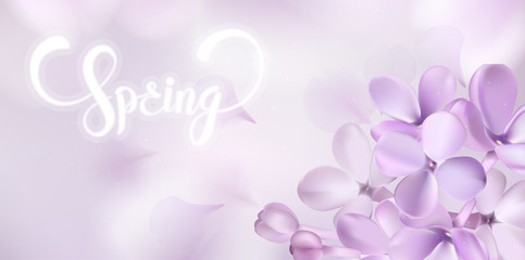 Spring elegant background with purple lilac flower petals and romantic lettering vector illustration. For advertising cards, flyer, banner, poster, coupon or brochure paper