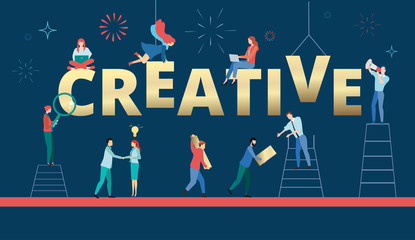 Blue creative poster with people working together. Teamwork, art and design.