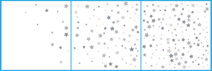 Silver glitter falling stars. Silver sparkle star on white background. Vector template for New year, Christmas, birthday, party, wedding, card, invitation, flyer, voucher, web, header.