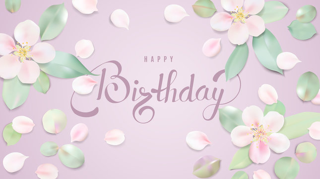 Happy Birthday background template with flower petals and lettering.