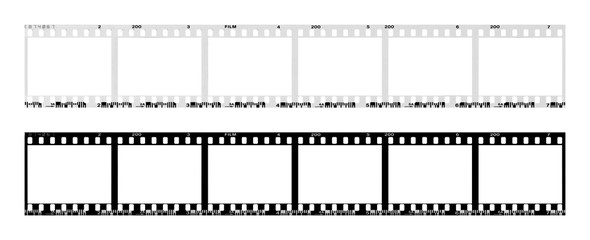 film strip template with frames, empty black and white 135 type (35mm) in negative and positive isolated on white background with work path.