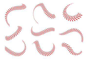 Baseball laces set. Baseball stitches with red threads. Sports graphic elements and seamless brushes. Red laces and stitches - obrazy, fototapety, plakaty