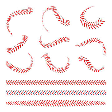 Baseball laces set. Baseball stitches with red threads. Sports graphic elements and seamless brushes. Red laces and stitches