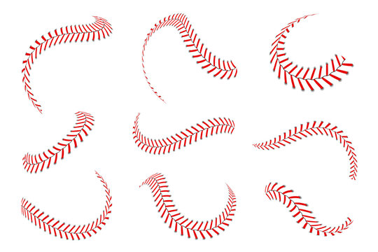 Baseball laces set. Baseball stitches with red threads. Sports graphic elements and seamless brushes. Red laces and stitches