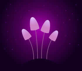 Magic purple mushrooms glowing in the dark.
