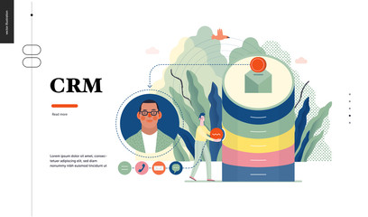 Naklejka premium Technology 1 - CRM Customer Relationship Management - modern flat vector concept digital illustration of data collecting from user and providing result data. Creative landing web page design template