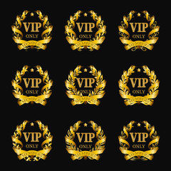 Set of gold vip monograms for graphic design on black background.