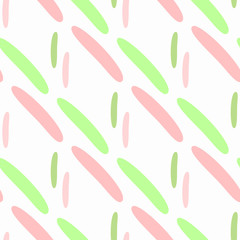 Repeated short lines drawn by hand. Simple seamless pattern. White, green pink.