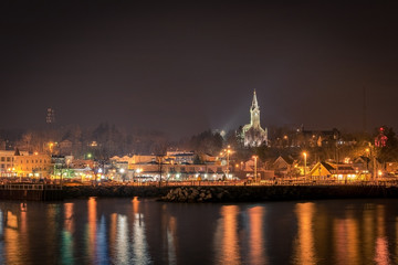 Night View of Town featuring Tall Steeple Church