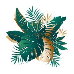 Tropical flower bouquet of green and golden palm leaves, leaves of monstera and banana isolated on white. Exotic template for sale, offers design, poster, party, summer background, clip art. Vector.