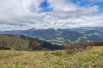 Fototapeta na wymiar Oberstdorf - View to Fellhorn mountain Ridge Hiking path to Kleinwalsertal-Panorama, Bavaria, Germany, 27.09.2017