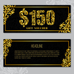 Gift voucher template 150 USD. The inscription created from a floral ornament. Golden Letters on a black background with floral pattern. VIP design.