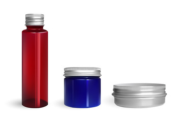 Set of cream jars isolated on white background. Skin care product package. Color plastic jar