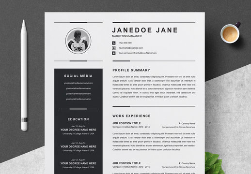 Black and White Resume, Cover Letter, and Reference Sheet Layout